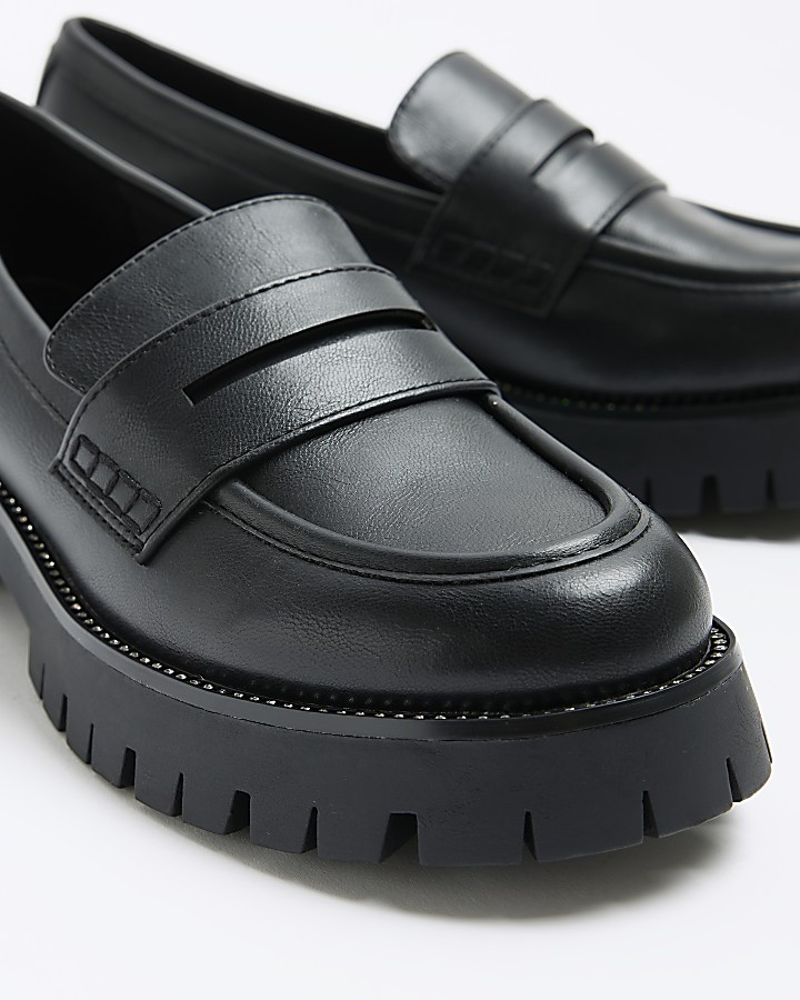 Black diamante trim chunky loafers River Island