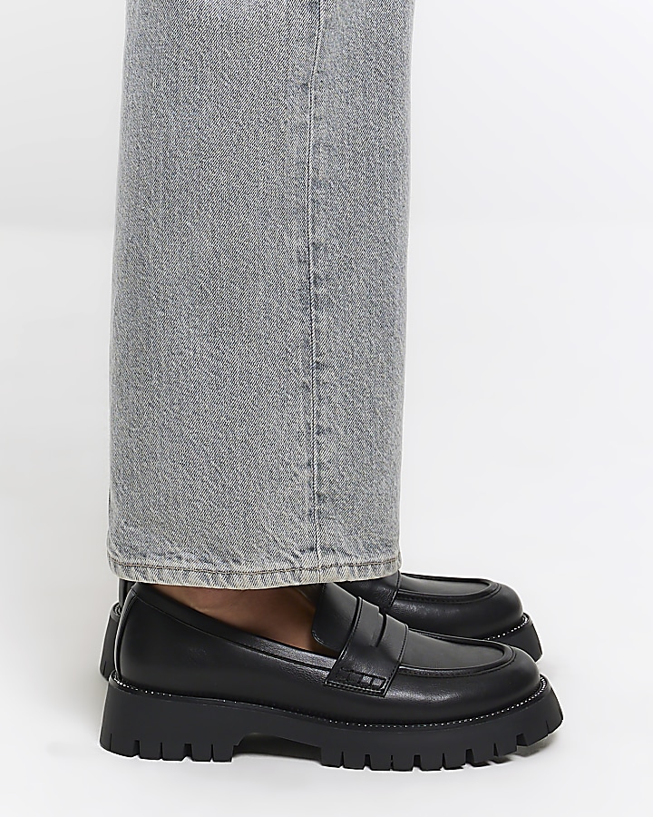Black diamante trim chunky loafers River Island