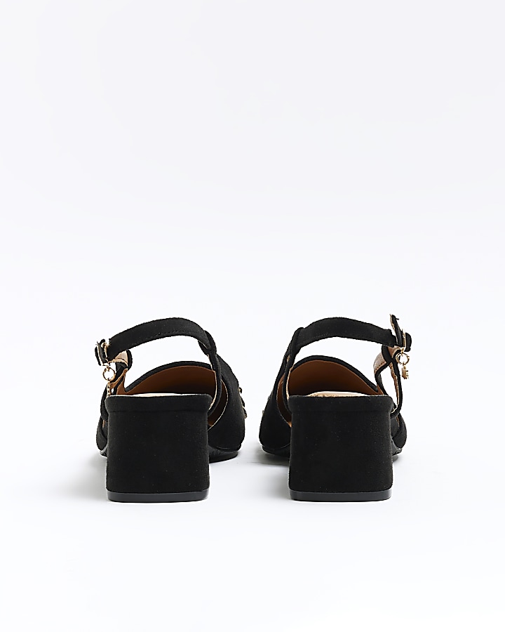 Black block heeled sling back court shoes