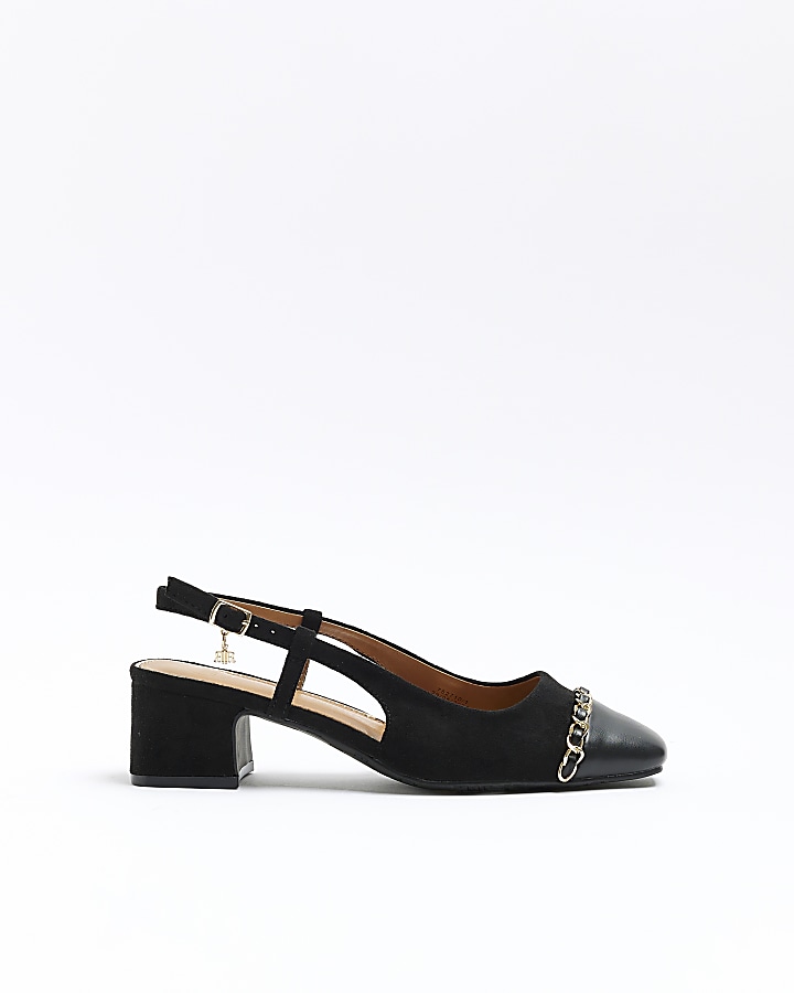 Black block heeled sling back court shoes | River Island
