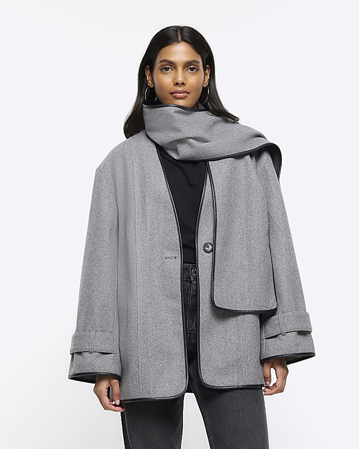 Grey scarf detail coat