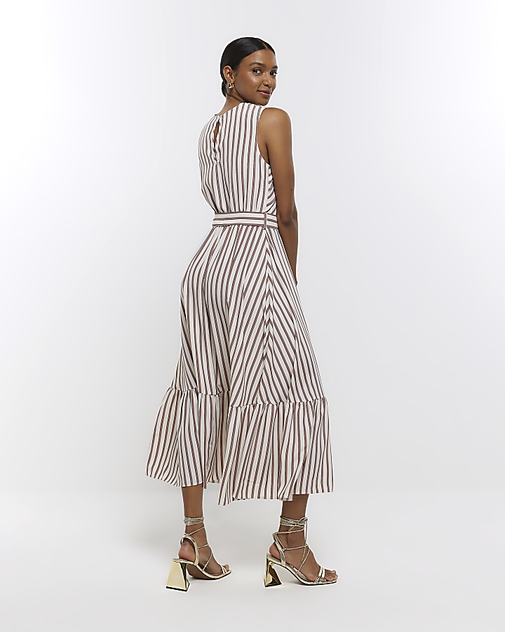 Brown stripe belted midi dress