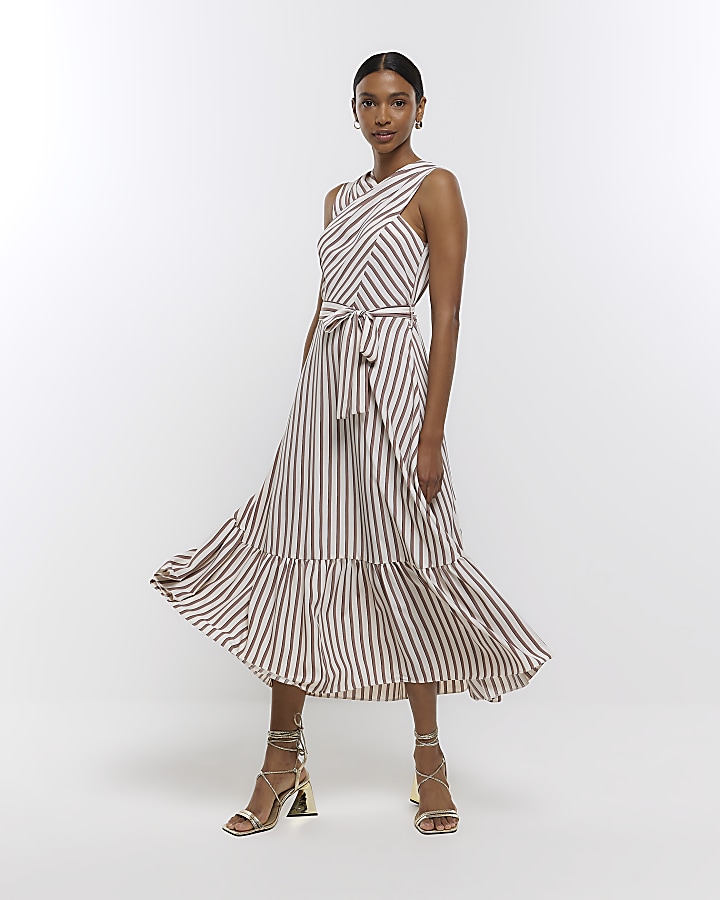 Brown stripe belted midi dress River Island