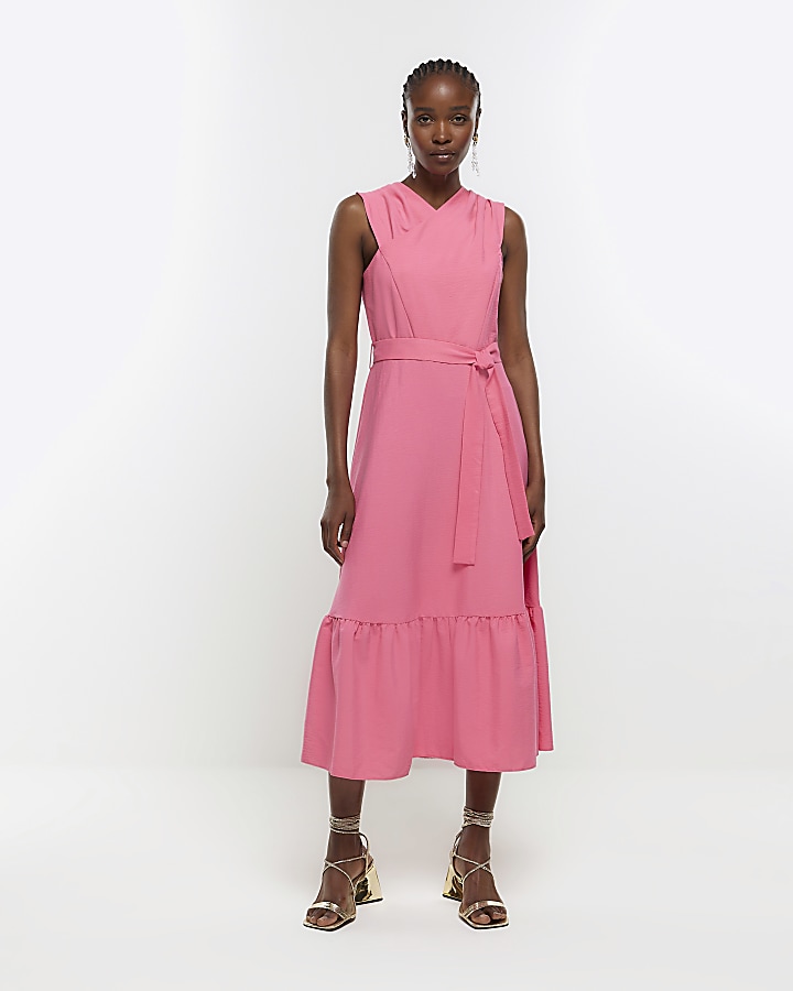 Pink belted bodycon midi dress | River Island