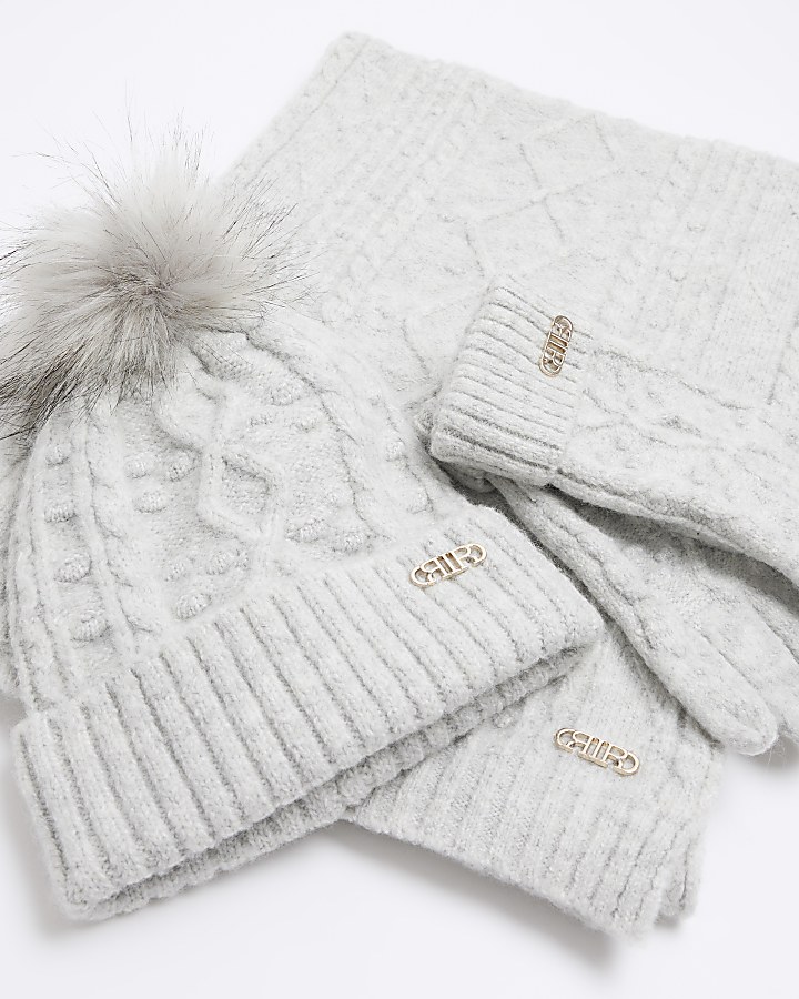 Grey cable knit hat gift set River Island