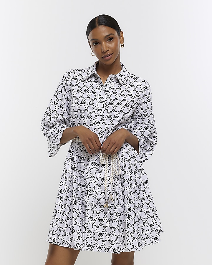 Cream floral tie waist mini shirt dress