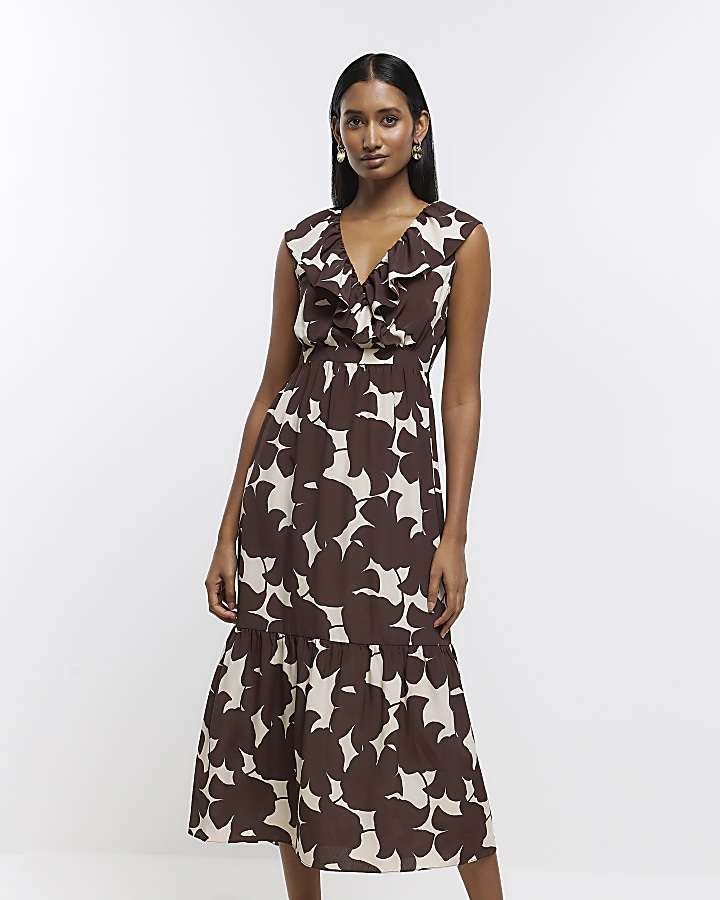 Brown print frill midi dress