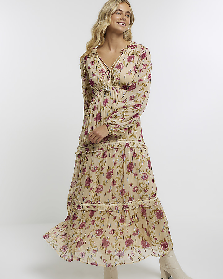 Beige floral long sleeve swing maxi dress