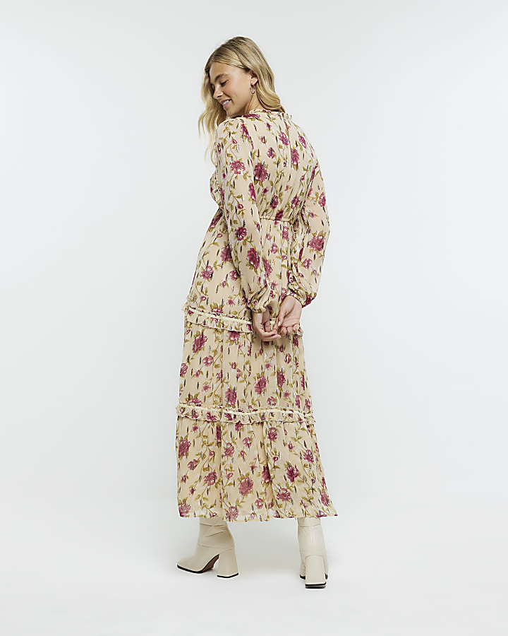Beige floral long sleeve swing maxi dress