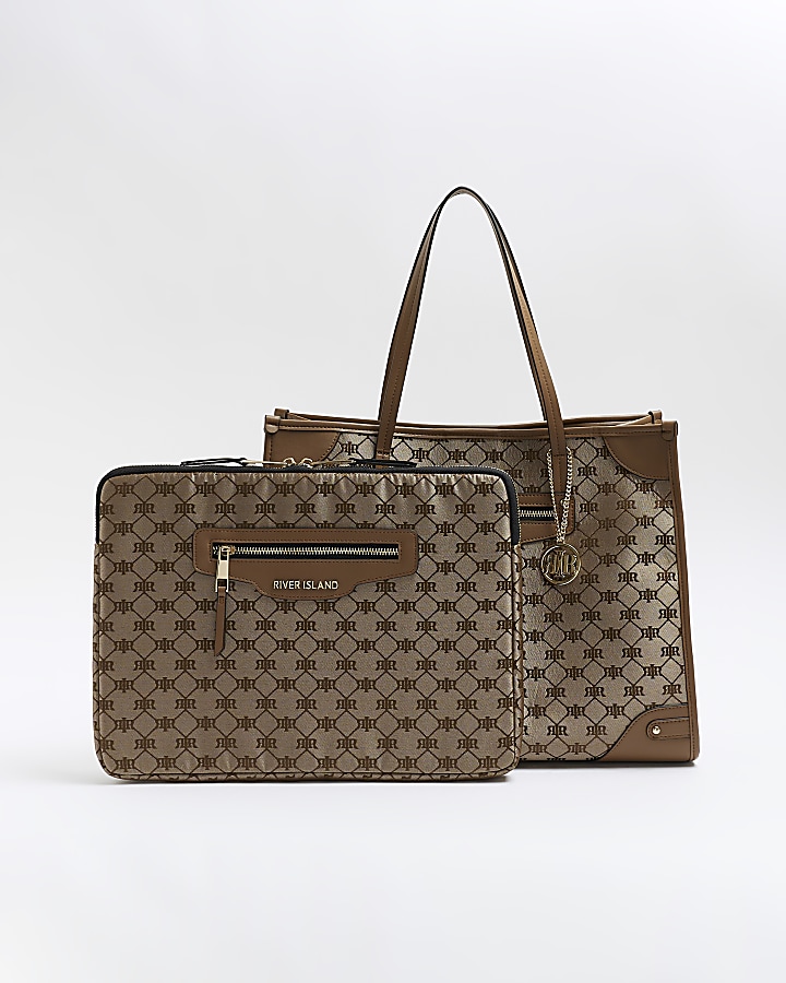 Beige jacquard shopper and laptop case bundle