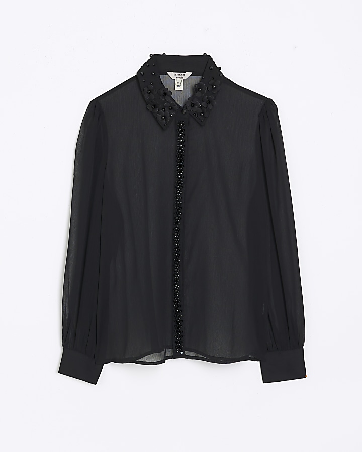 Petite black chiffon embellished shirt