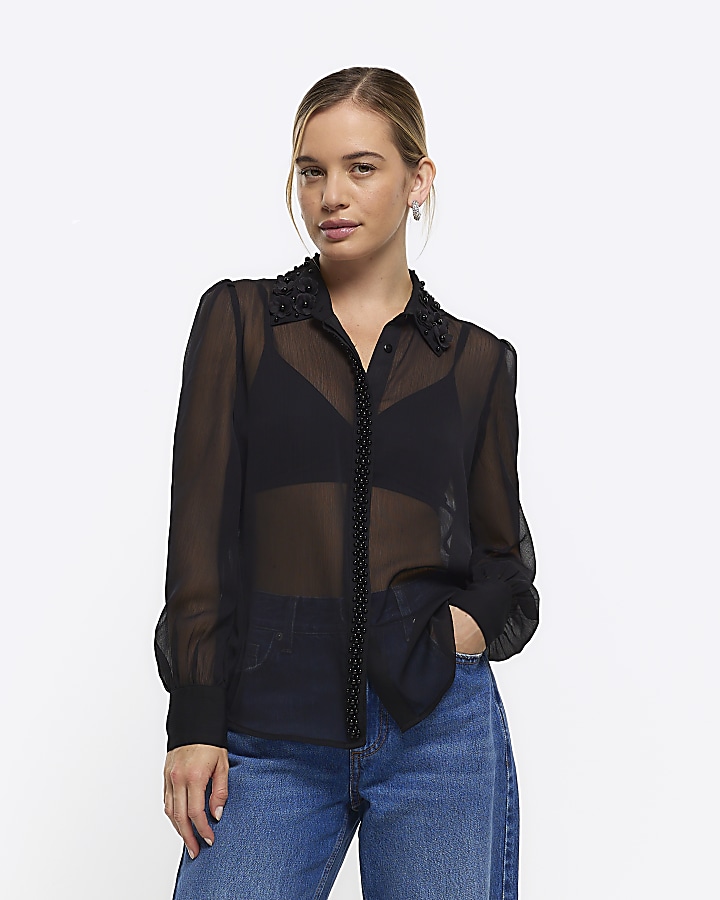 Petite black chiffon embellished shirt