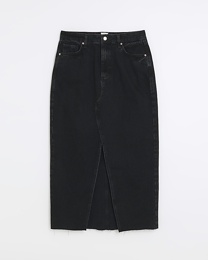 Black split front denim midi skirt