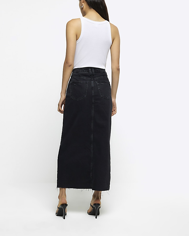 Black split front denim midi skirt