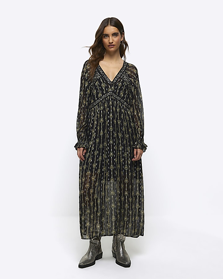 Smock maxi store dress with sleeves