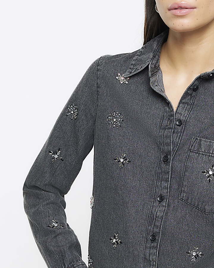 Grey embellished denim shirt River Island