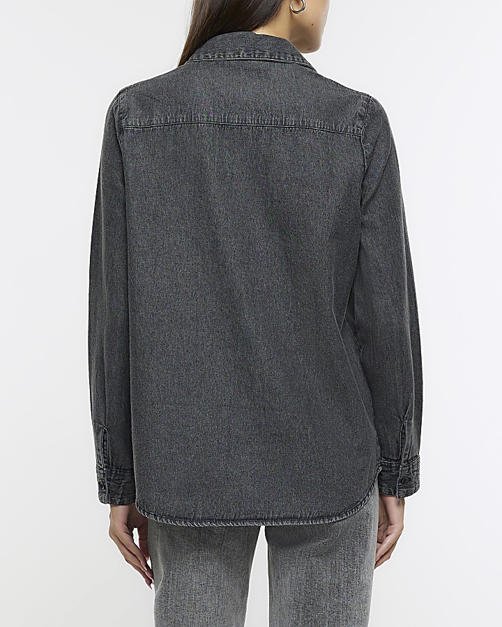 Grey embellished denim shirt River Island