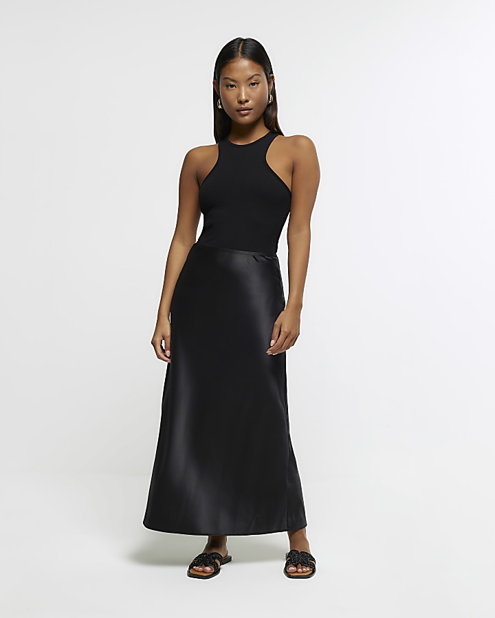 Petite black satin maxi skirt