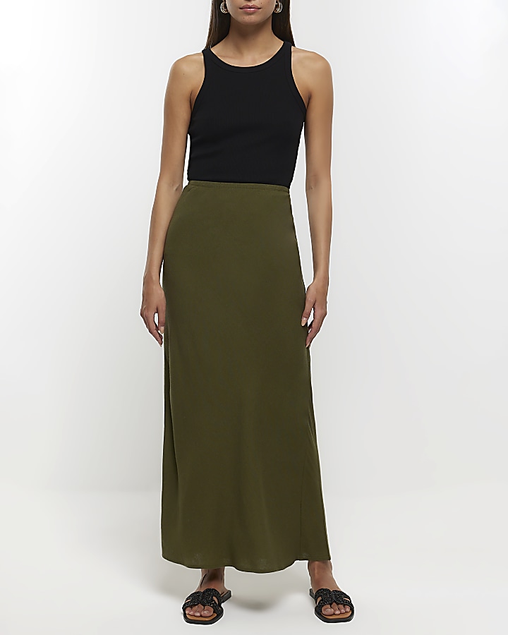 Khaki midi skirt with linen