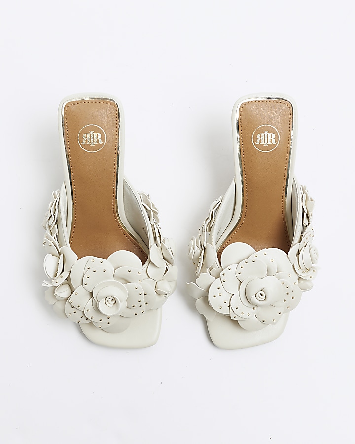 Cream flower heeled mule sandals