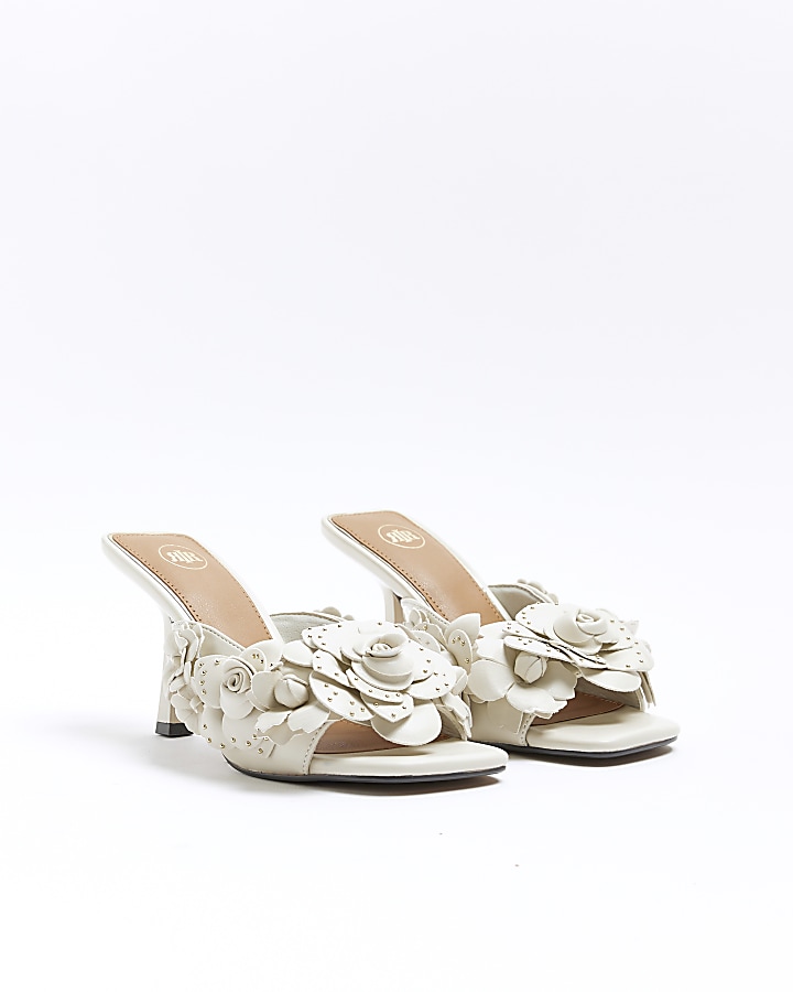 Cream flower heeled mule sandals River Island