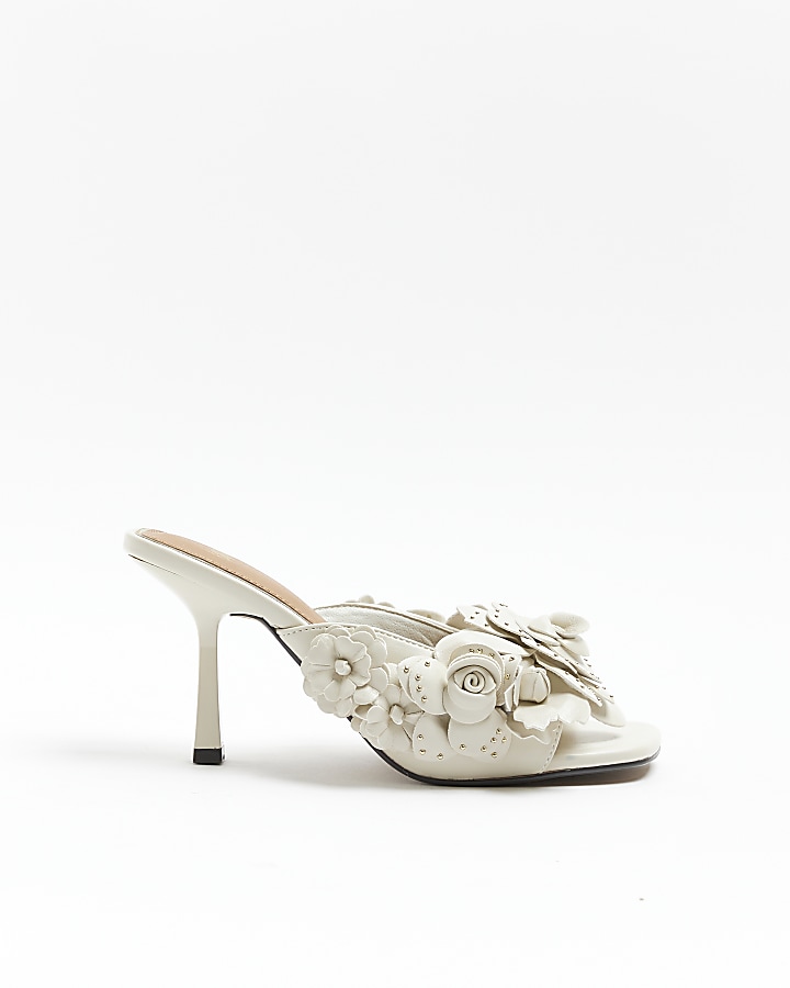 Cream flower heeled mule sandals
