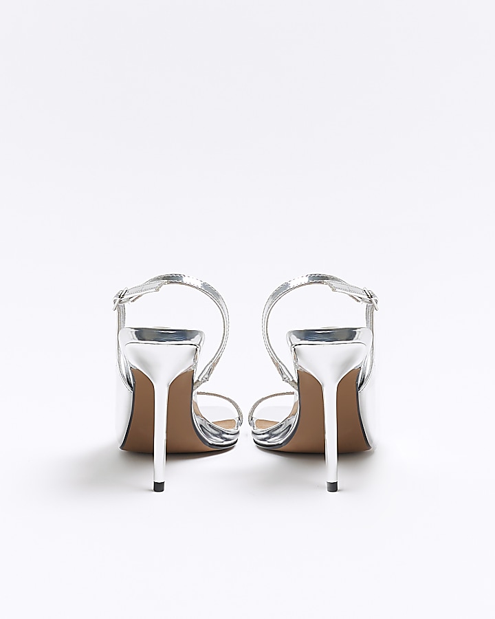 Silver asymmetric heeled sling back sandals