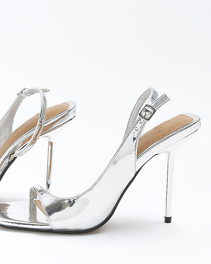 Silver asymmetric heeled sling back sandals