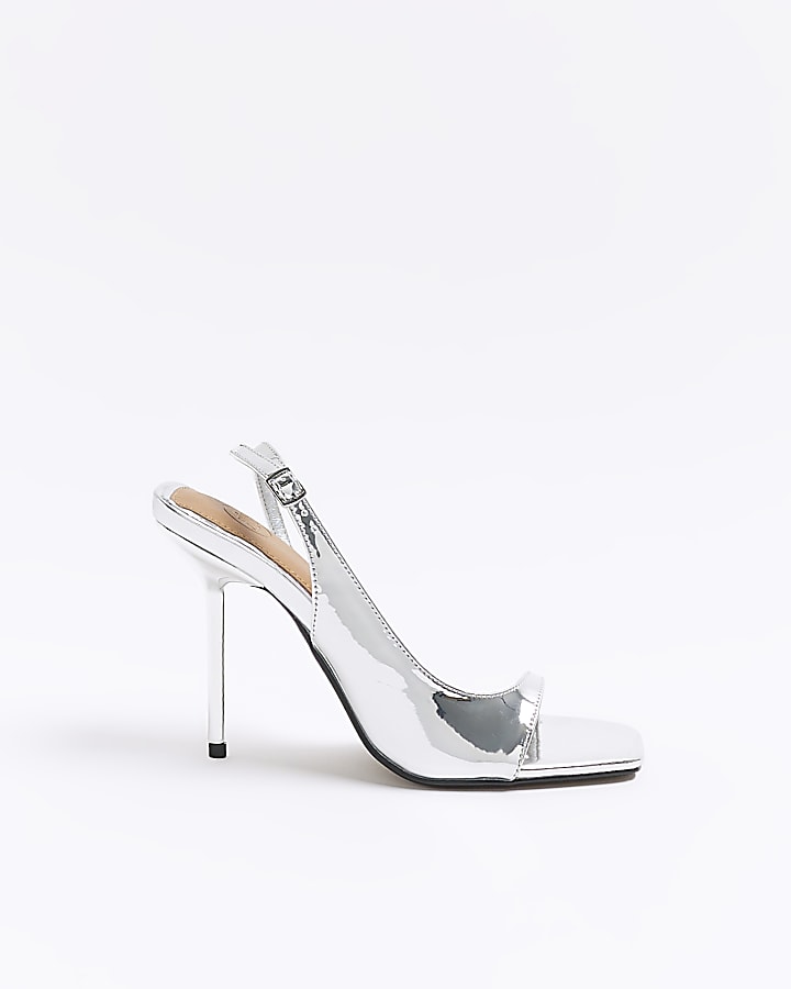 Silver asymmetric heeled sling back sandals