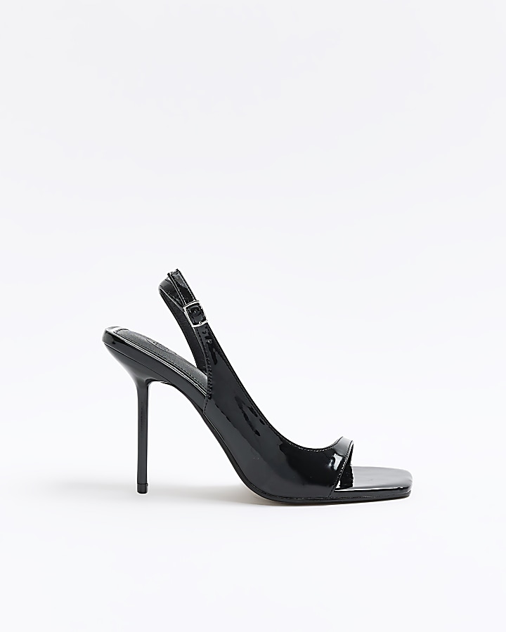 Black asymmetric heeled sandals