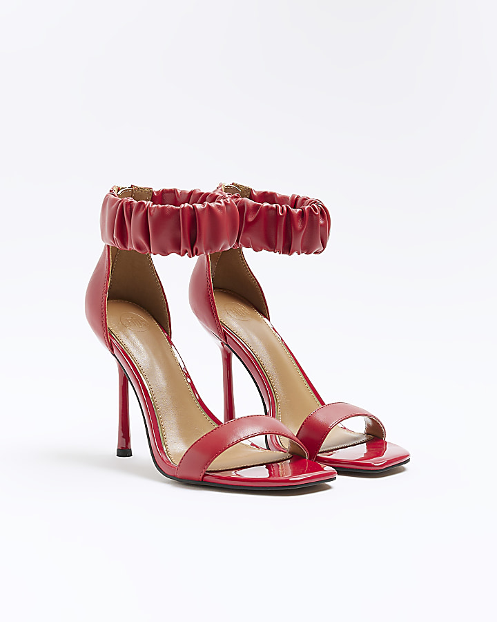 Red ruched strap heeled sandals