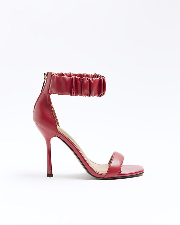 Red ruched strap heeled sandals