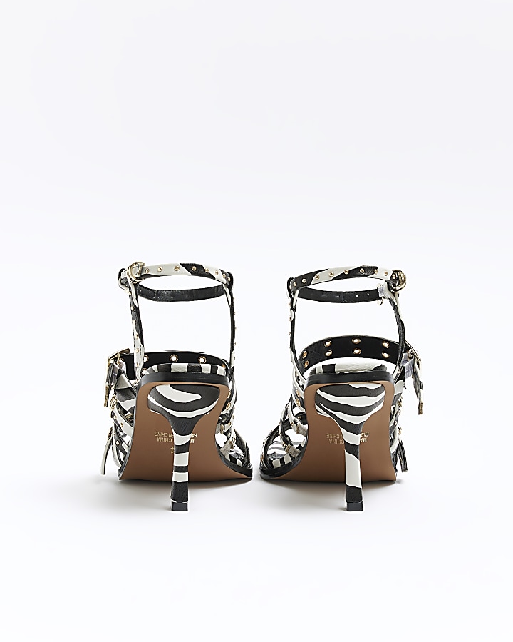White animal print buckle heeled sandals