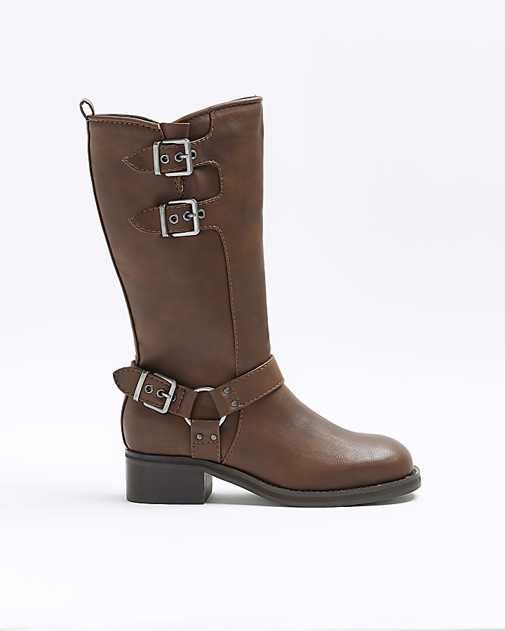 Brown high leg biker boots