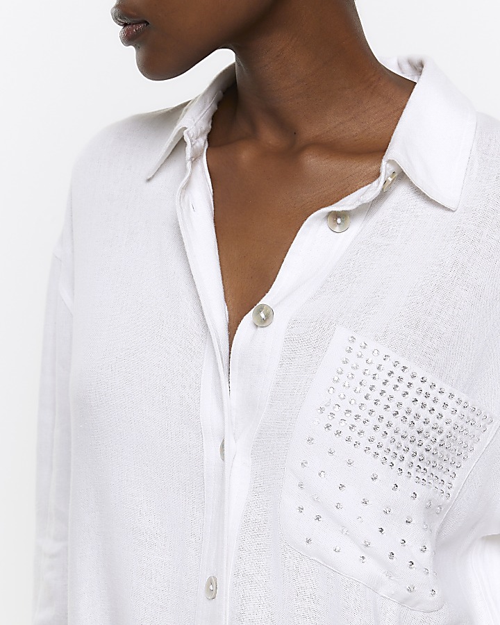 White embellished pocket shirt with linen