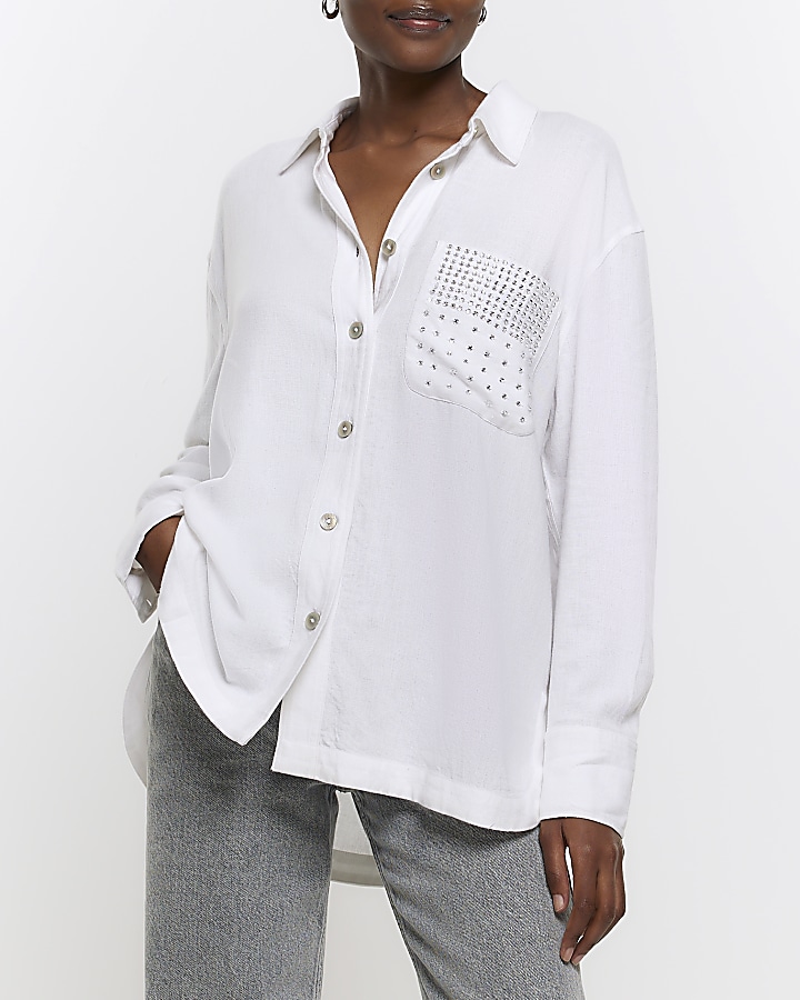 White embellished pocket shirt with linen