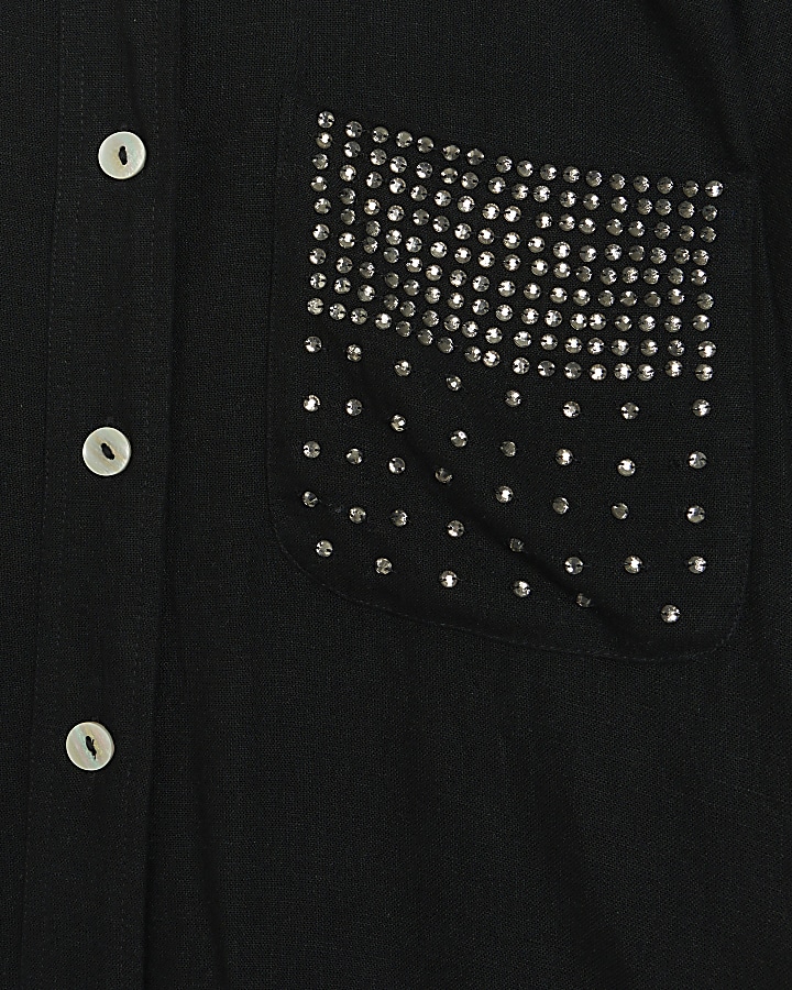 Black embellished pocket shirt with linen