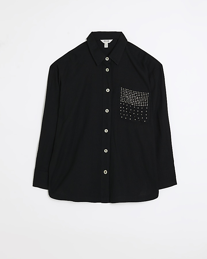 Black embellished pocket shirt with linen