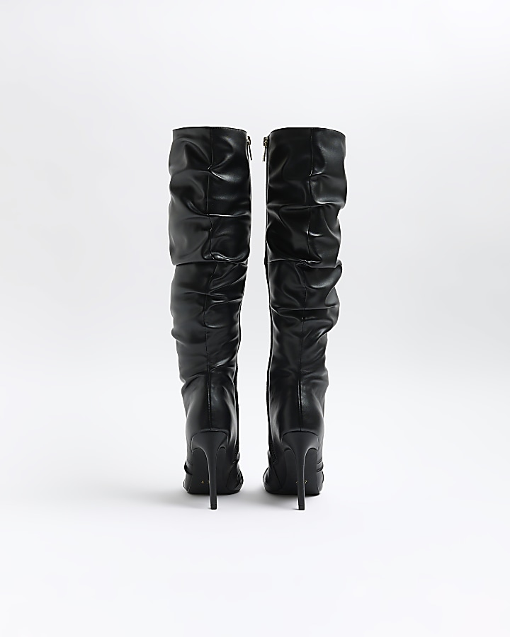 Black ruched high leg heeled boots | River Island