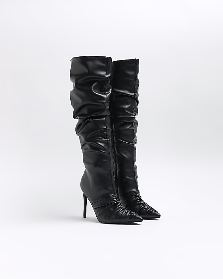 Black ruched high leg heeled boots