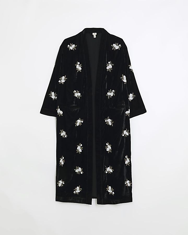 Black velvet embellished kimono
