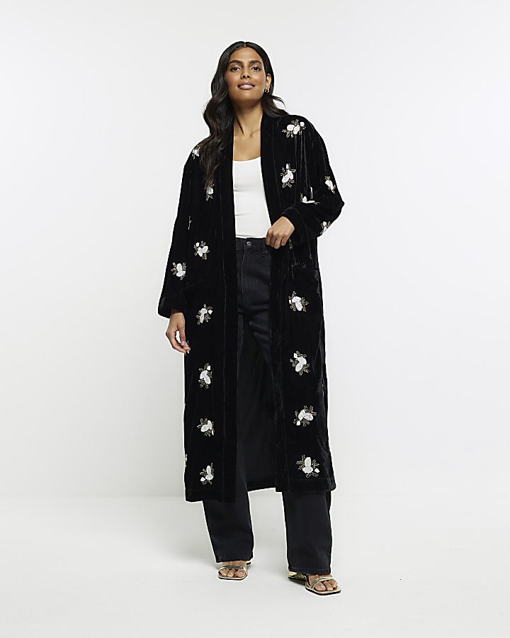 Black velvet embellished kimono