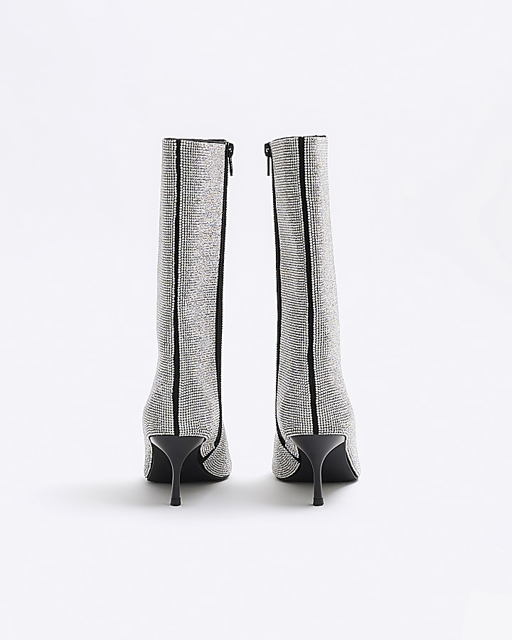 Silver diamante heeled calf boots