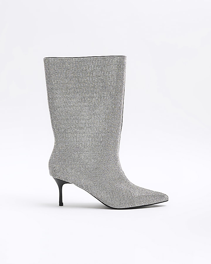 Silver diamante heeled calf boots