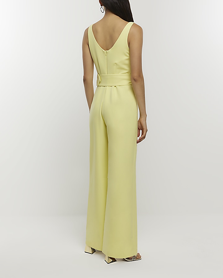 Yellow belted wide leg jumpsuit