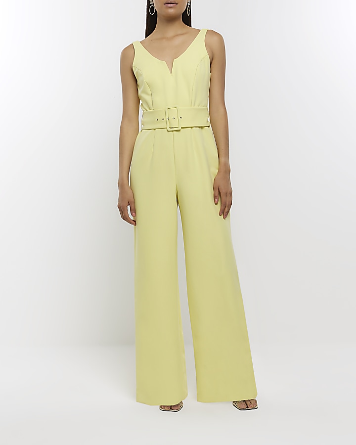 Yellow belted wide leg jumpsuit