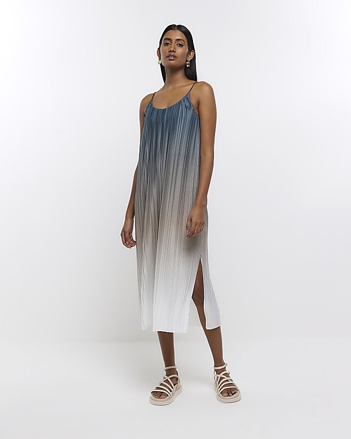 Grey ombre plisse slip midi dress