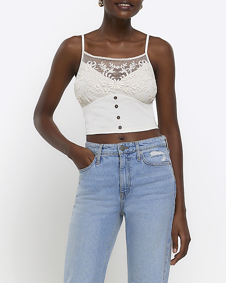 Cream embroidered floral cami top