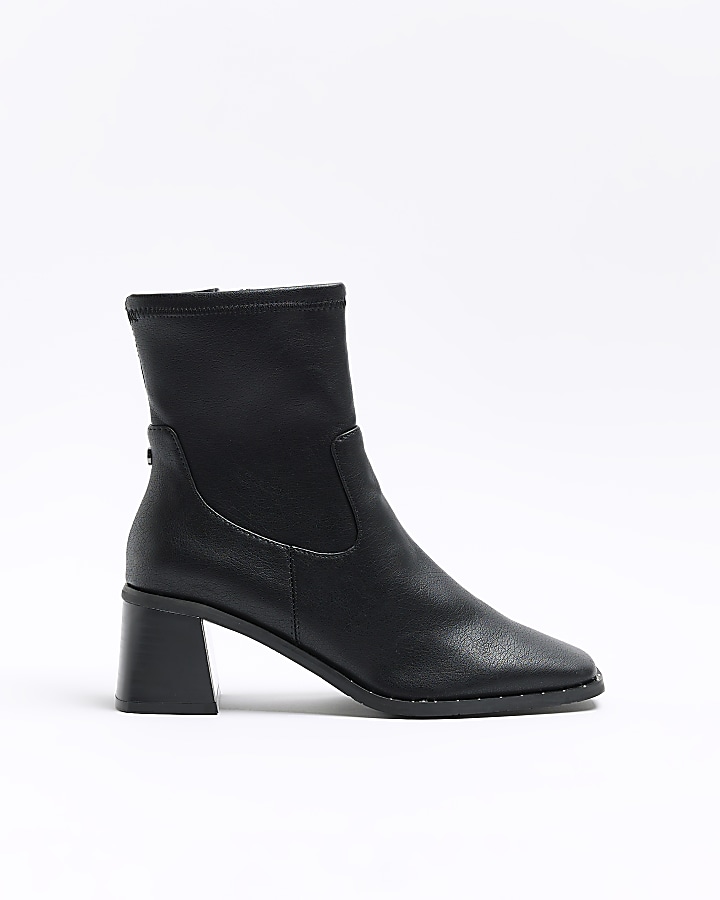 Black faux leather stud block heel boots | River Island