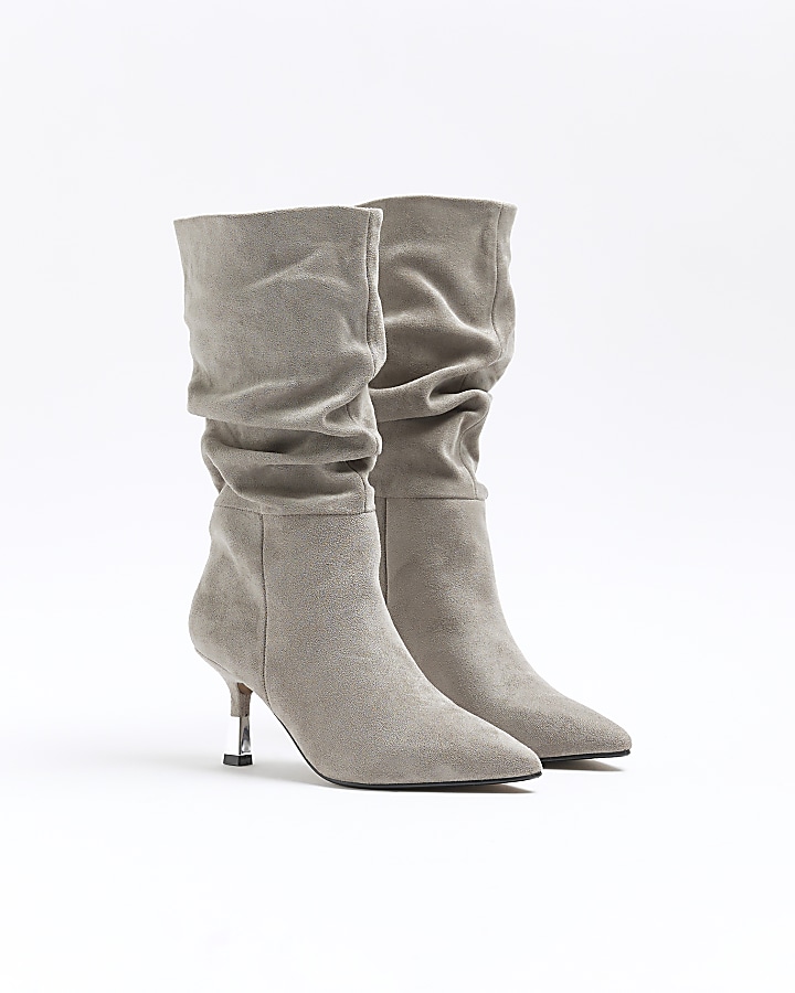Grey suedette slouch heeled boots